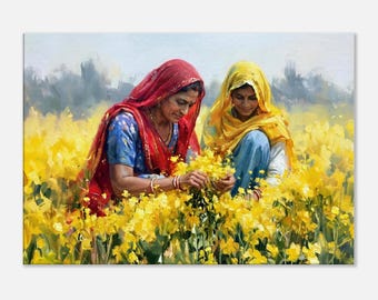Two Women Enjoying a Quiet Moment at a Mustard Farm in Rural North India Canvas Print, Wall Art Heritage Agriculture Decor, Ready to Hang