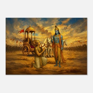 Lord Krishna and Arjuna at Kurukshetra Canvas Print, Hindu Mahabharata Gita Updesh India Heritage Wall Art Room Decor Gift, Ready to Hang
