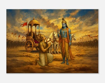 Lord Krishna and Arjuna at Kurukshetra Canvas Print, Hindu Mahabharata Gita Updesh India Heritage Wall Art Room Decor Gift, Ready to Hang