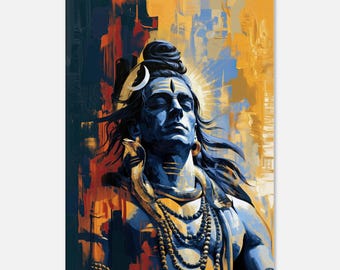 Lord Shiva in Deep Thought Contemporary Abstract Grunge Canvas Print, Wall Art Cosmic Hindu Indian Heritage Spiritual Decor, Ready to Hang