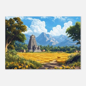 Southern India Rural Temple Nestled Among Mountains Canvas Print, Wall Art Home Studio Scenic Decor India Heritage Landscape, Ready to Hang
