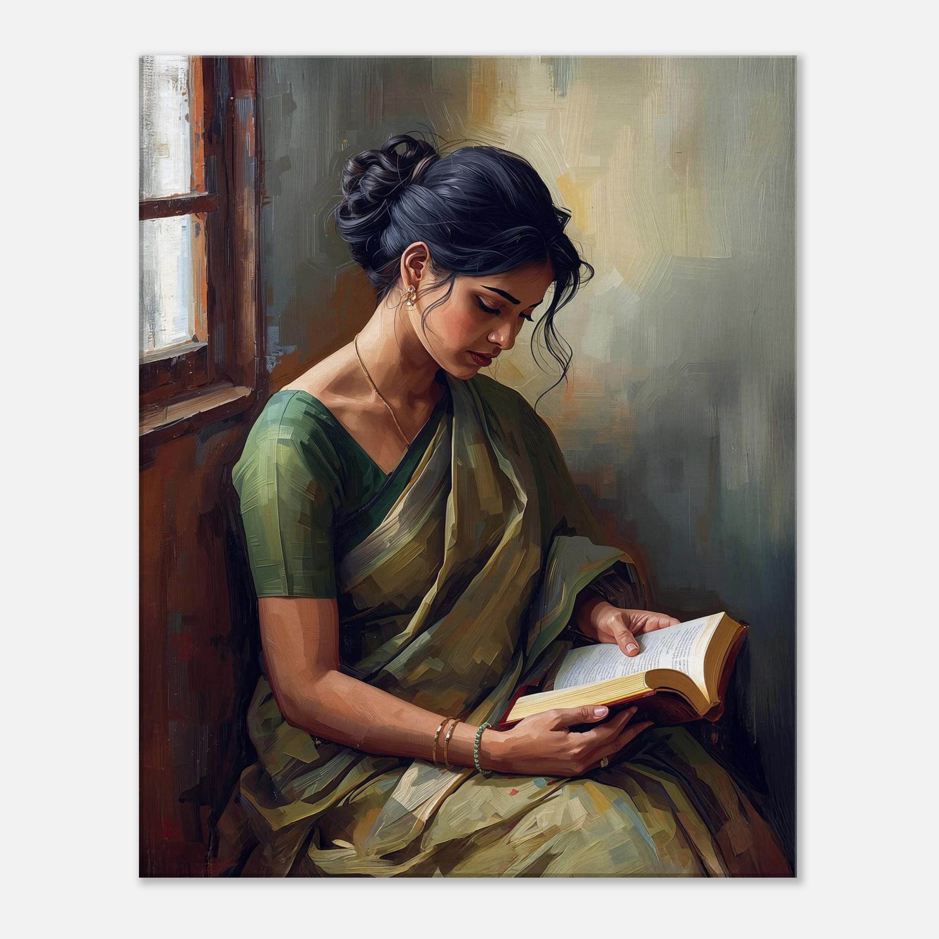キャンバス プリントアート 本を読む人 額付き 絵画 インテリア 緑のサリーを着て本を読んでいるインド人女性 キャンバスプリント