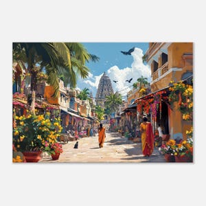 South India Temple Town Street View Canvas Print, Wall Art Home Office Studio Living Room Decor Gift, Indian Ethnic Heritage, Ready to Hang