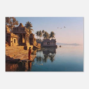 Dawn at a South Indian Lakeside Temple Canvas Print, Wall Art Home Office Studio Room Landscape Scenic Decor Ethnic Gift, Ready to Hang Art