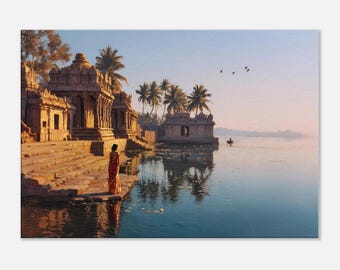Dawn at a South Indian Lakeside Temple Canvas Print, Wall Art Home Office Studio Room Landscape Scenic Decor Ethnic Gift, Ready to Hang Art