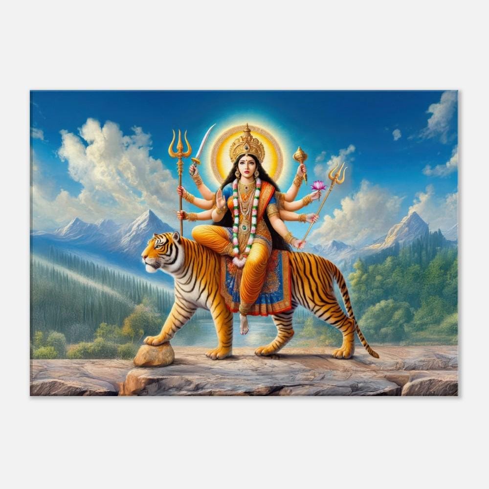 ドゥルガー女神のキャンバスプリント絵画、ヒンドゥー教、インド 虎に乗るヒンドゥー教の女神ドゥルガーのキャンバスプリント、ウォール
