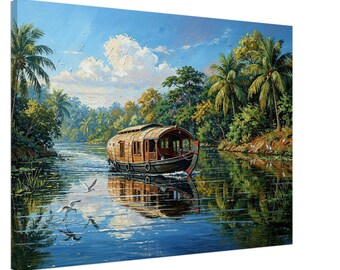Riverboat Navigating a Kerala Backwater Canal Canvas Print, Alleppey River Landscape South India, Wall Art Home Office Decor, Ready to Hang