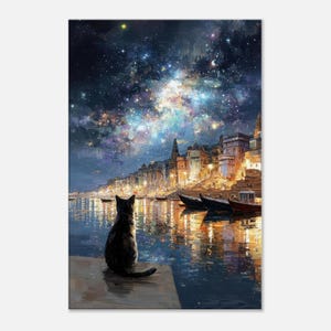 Lone Cat at Varanasi With the Ganges River Fantasy Canvas Print, Wall Art Home Office Room Studio Decor, Indian Heritage Gift, Ready to Hang