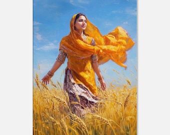 Pretty Punjabi Woman with a Flowing Dupatta at a Sunny Wheat Farm Canvas Print, Wall Art Indian Ethnic Heritage Wall Decor, Ready to Hang