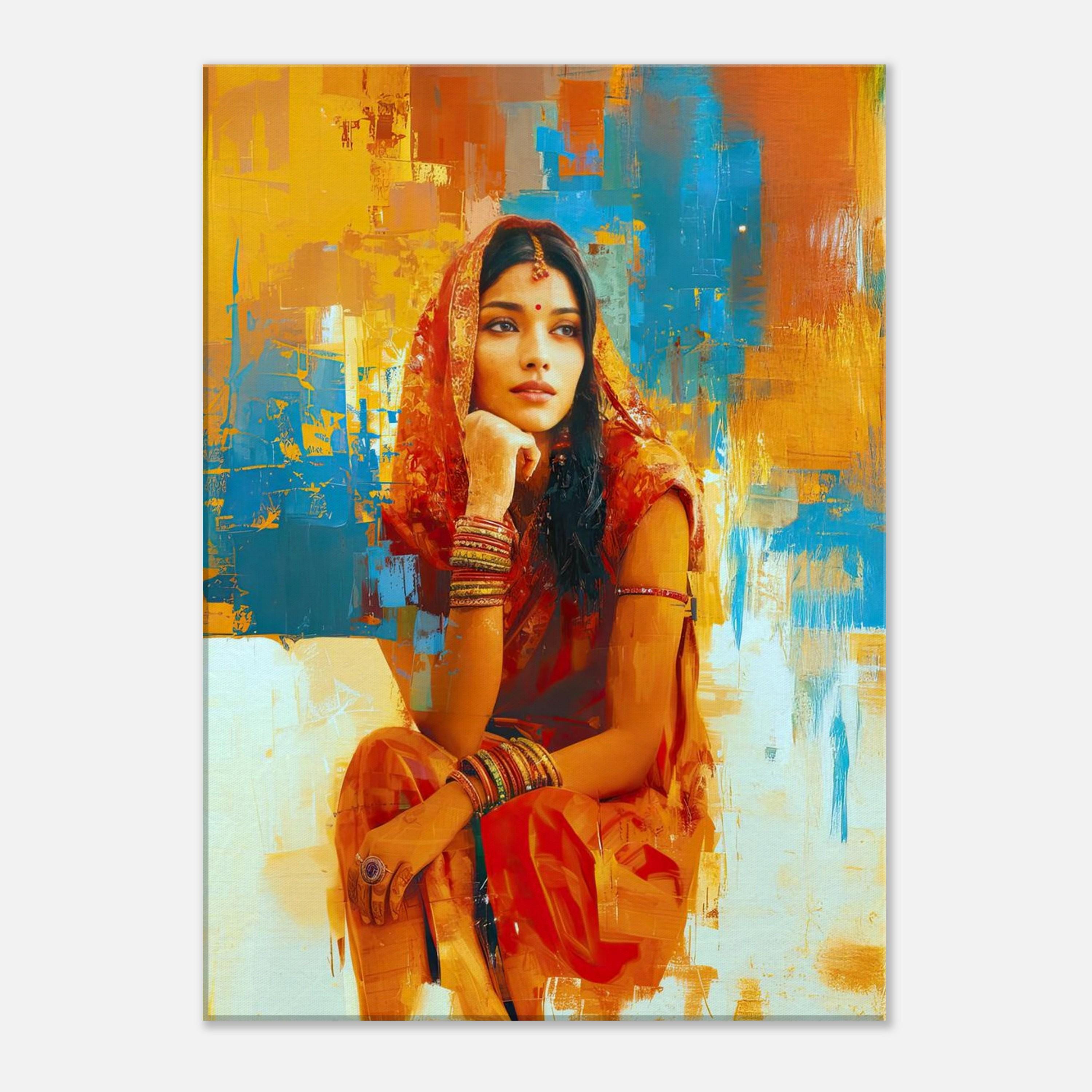 インコと女性 S8 キャンバス 油彩画 絵画 人物画 サリーを着たインド人の女性の瞑想的なキャンバスプリント、壁アート