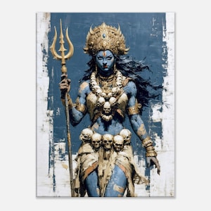 May include: A digital art print of a blue-skinned deity holding a gold trident. The figure wears gold jewelry, a crown, and a necklace of skulls. The background is a textured blue and white.