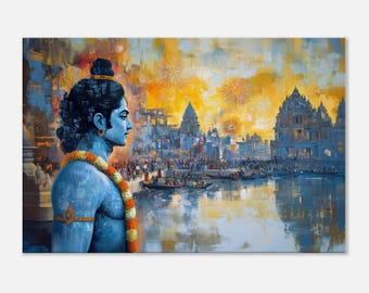May include: An artistic painting depicts a blue-skinned figure adorned with a floral garland, gazing towards a river scene. The background features a city with temples, boats, and fireworks against a yellow and orange sky. The artwork evokes a sense of spirituality and cultural celebration.