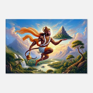 Lord Hanuman with the Dronagiri Mountain Canvas Print, Sanjivani Herb Ramayana, Hindu Ethnic Gift, Wall Art Home Room Decor, Ready to Hang
