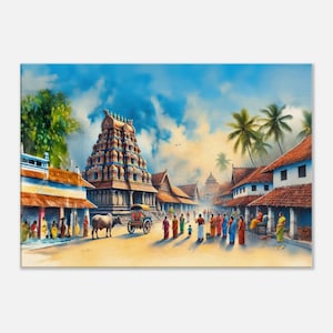 Canvas Art Print Watercolor South Indian Temple Town Scene, Home Office Wall Decor, Ethnic Indian Heritage Tamil Nadu Gift, Ready to Hang