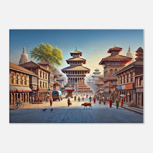 Canvas Art Print Nepal Temple Town Scene, Home Office Wall Decor, Nepali Culture Street Life, Heritage Gift Idea, Ready to Hang Canvas Art