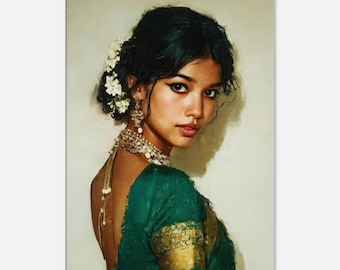 Alluring Indian Woman in a Traditional Silk Saree Mid-Century Look Canvas Print, Wall Art Ethnic Home Office Portrait Decor, Ready to Hang