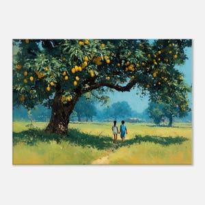 Rural India with a Mango Tree and Two Kids Canvas Print, Wall Art Home Office Room Studio Landscape Decor Nostalgia Gift, Ready to Hang Art