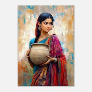 May include: An artistic painting of a woman in traditional Indian attire, holding a large, aged clay pot. She wears a blue blouse, a red and purple sari, and ornate earrings. The background features abstract brushstrokes in shades of blue, orange, and yellow.
