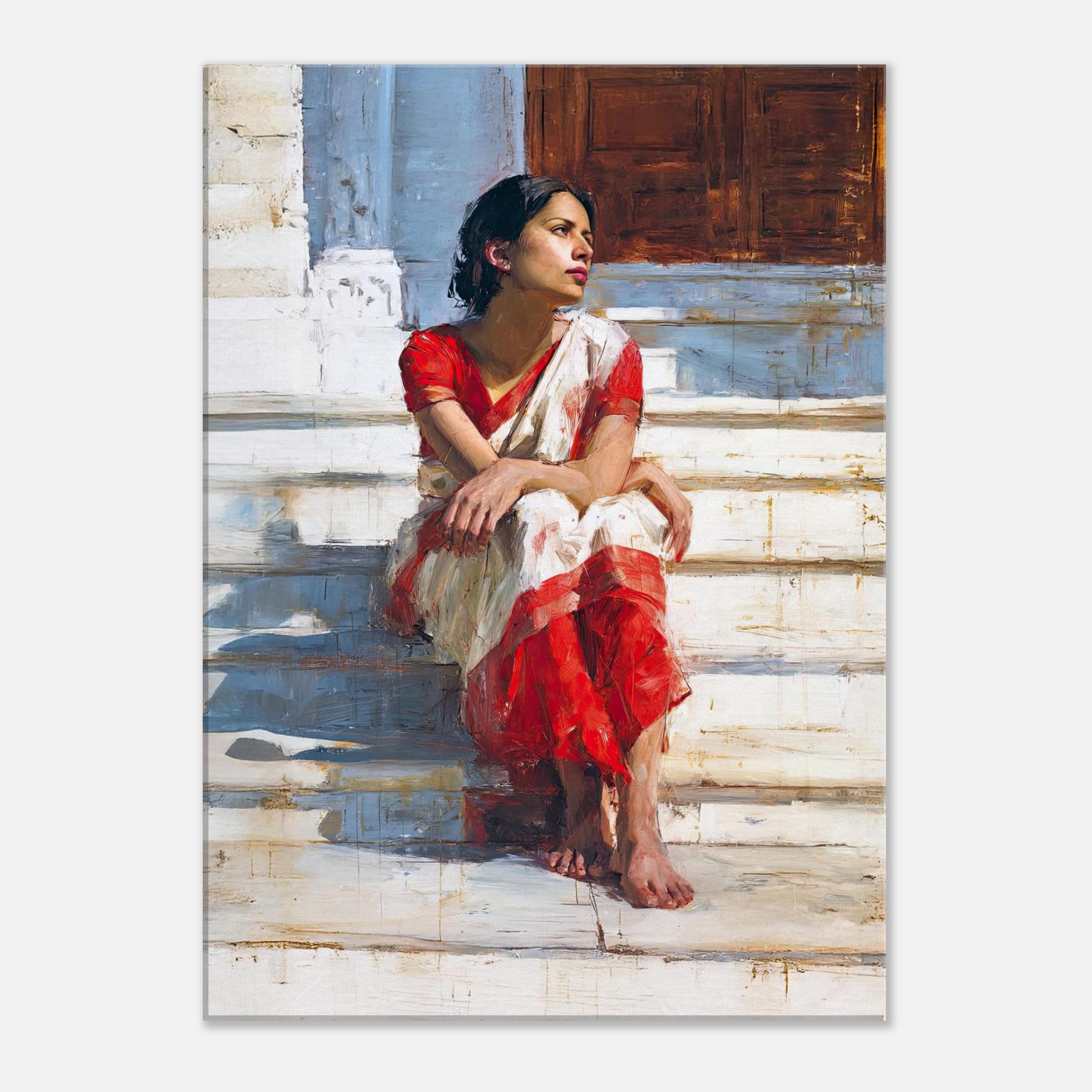赤と白のサリーを着た物思いにふけるインド人女性 キャンバスプリント