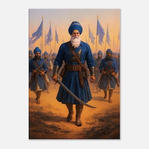 May include: An artistic depiction of a group of men in blue turbans and attire, marching forward. The central figure, with a long white beard, holds a sword. Blue flags are visible in the background, set against a warm, golden-toned landscape.