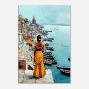 Indian Woman Looking Over the Varanasi Ganges River Grunge Canvas Print, Wall Art Home Office Studio Decor Heritage Gift, Ready to Hang Art