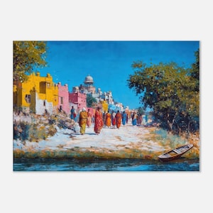 Small Town Lakeside Rajasthan Canvas Print, Wall Art Home Office Studio Decor, Indian Landscape Ethnic Heritage Gift Idea, Ready to Hang Art