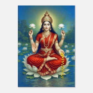 Hindu Goddess of Wealth Lakshmi Seated on a Lotus Showering Gold Coins, Canvas Print, Wall Art Home Temple Decor Indian Gift, Ready to Hang