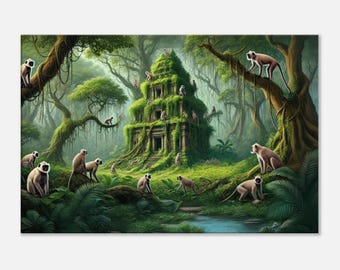 Lost Jungle Temple with Indian Langur Monkeys Canvas Print, Wall Art Home Office Studio Dorm Decor, India Themed Fantasy Gift, Ready to Hang