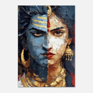 Impresión en lienzo de arte grunge de Ardhnareshwar, mitad señor Shiva y diosa Parvati, decoración de pared para el hogar y la oficina, regalo de herencia hindú india, listo para colgar