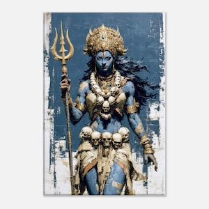May include: An artistic depiction of a deity with blue skin, adorned with gold jewelry and a crown. The figure holds a golden trident and is draped in a white cloth. The background is a textured blue with white brushstrokes.