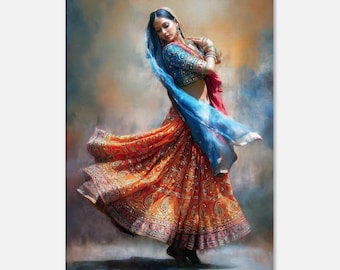 Beautiful Indian Dancer in Lehenga Choli Blue Dupatta Canvas Print, Wall Art Decor, Rajasthan Folk Dance High Detail Portrait, Ready to Hang