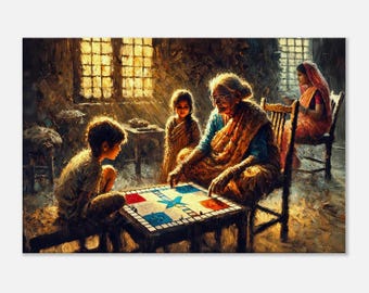 Indian Grandmother and Grandkids Playing a Board Game Canvas Print, Wall Art Home Office Room Family Heritage Decor Gift, Ready to Hang