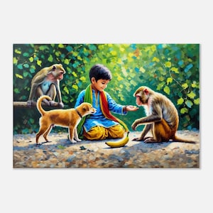 Indian Boy with a Pet Puppy Feeding a Monkey Canvas Print, Wall Art Home Kids Childs Room Decor, Ethnic Animal Lover Gift, Ready to Hang Art