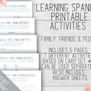 Paquete de actividades de aprendizaje de español n.° 3, actividades de práctica de español imprimibles, amigos, familiares y personas, basado en el juego de tarjetas n.° 3