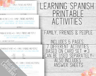 Activiteitenpakket Spaans leren #3, afdrukbare Spaanse oefenactiviteiten, vrienden, familie en mensen, gebaseerd op kaartenset #3