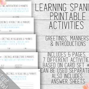 Learning Spanish Activity Pack #1, Printable Spanish Practice Activities, Greetings Manners and Introductions, Based on Card Set #1