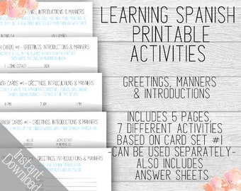Learning Spanish Activity Pack #1, Printable Spanish Practice Activities, Greetings Manners and Introductions, Based on Card Set #1