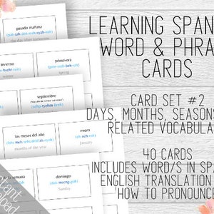 Juego de tarjetas de aprendizaje en español n.° 2 Tarjetas de palabras y frases imprimibles, días, meses, estaciones y similares, descarga instantánea de 40 tarjetas de vocabulario en español