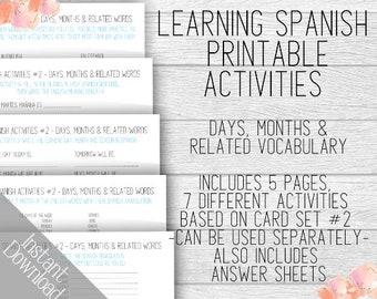 Learning Spanish Activity Pack #2, Printable Spanish Practice Activities, Days Months Seasons and Related Vocabulary, Based on Card Set #2
