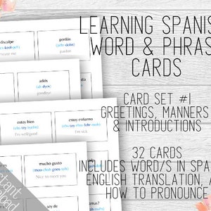 Learning Spanish Card Set #1 Printable Word and Phrase Cards, Greetings Manners Introductions, Instant Download 32 Spanish Vocabulary Cards