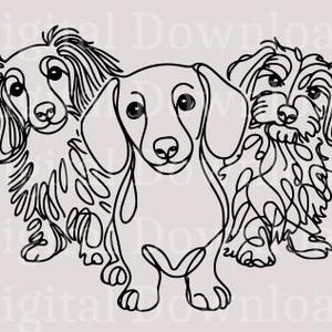 May include: Black and white line drawing of three dachshund dogs. Two of the dogs are standing on all four legs, while the third dog is sitting with its front legs extended. The dogs are looking at the viewer.