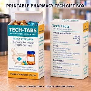 May include: A white rectangular gift box labeled TECH-TABS Pharmacy Tech Emergency Kit with blue and orange text. The box features a mortar and pestle graphic, a pill bottle, and a list of humorous active ingredients like coffee and patience.