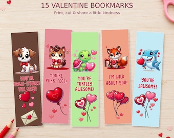 Printable Valentine Bookmarks for Kids, 15 Cute Classroom Valentines, Instant Download