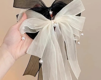 Large Pearl Bow Hair Clip - Black or White