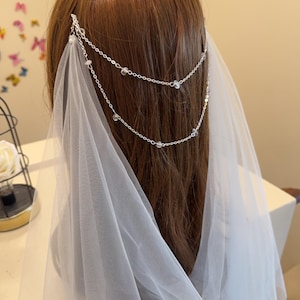 Boho Wedding Hair Chain: White Draped Veil with Quartz Pins