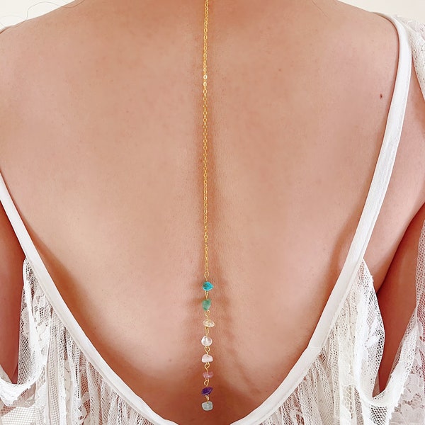 Wedding Back Necklace, gemstone Back Chain Y Back Pendant Gold Necklace quartz Backdrop Chain rainbow Bridal colorful Jewelry Gift for Bride