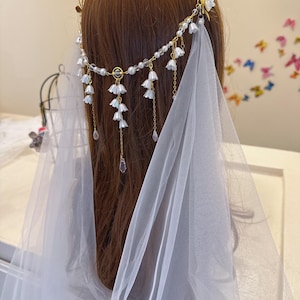 Braut Haarkette mit Schleier, Kristallblatt Kopfschmuck märchenhafter Elfen Haarkamm