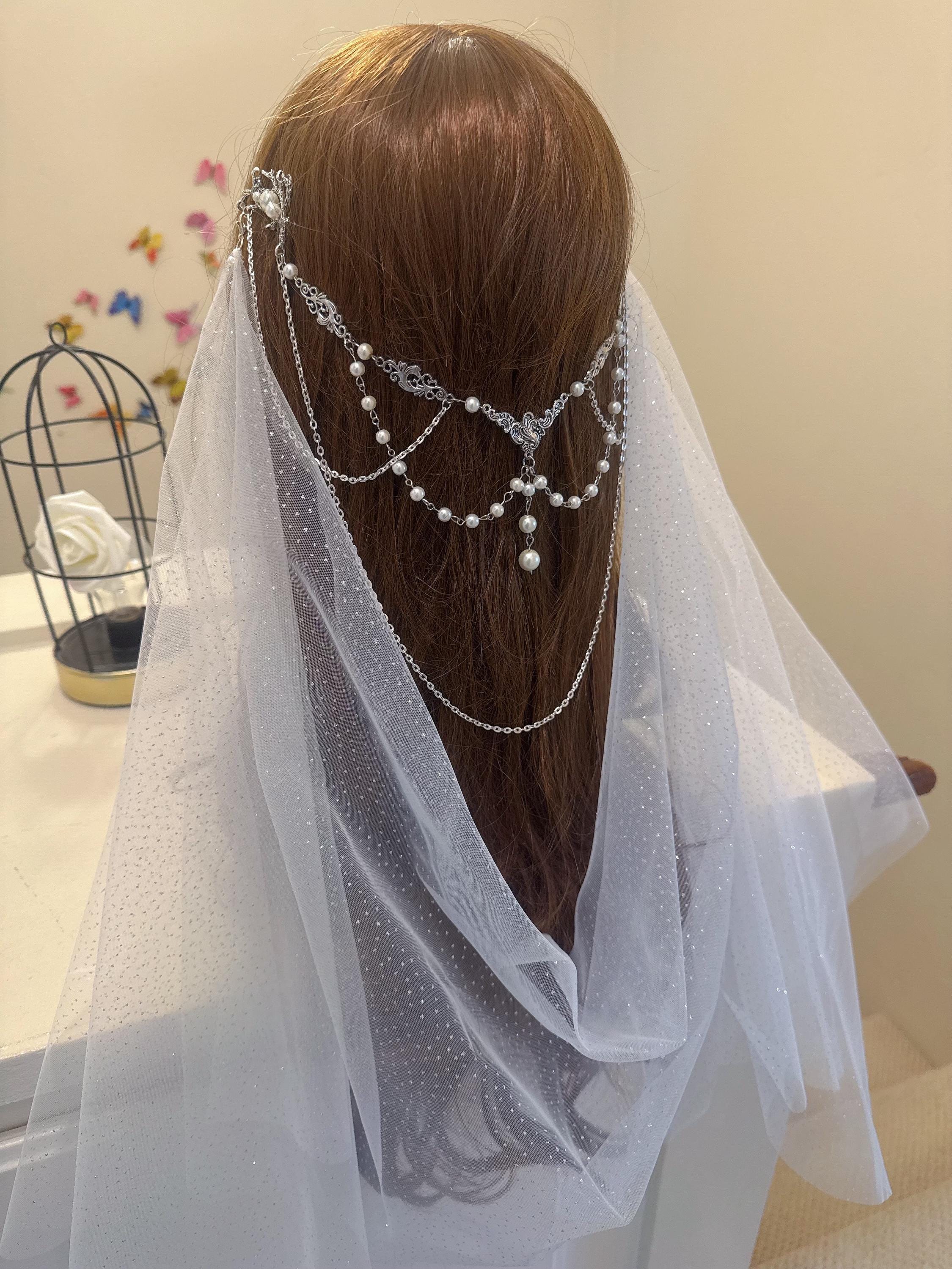 Bridal Leaf Vintage pearls hair comb, Bridal Hair chain, deer wedding Headpiece, pearls Wedding draped veil, Wedding Hair Piece