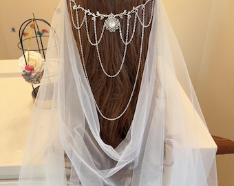 Bridal Crystal Leaf Hair Comb, ethereal Draped Veil Headpiece elven hair decor