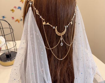 Bridal Leaf Vintage Hair crystal hair comb, Bridal Gold Hair chain, Leaf Headpiece, crystal drop Wedding draped veil,moon Wedding Hair Piece